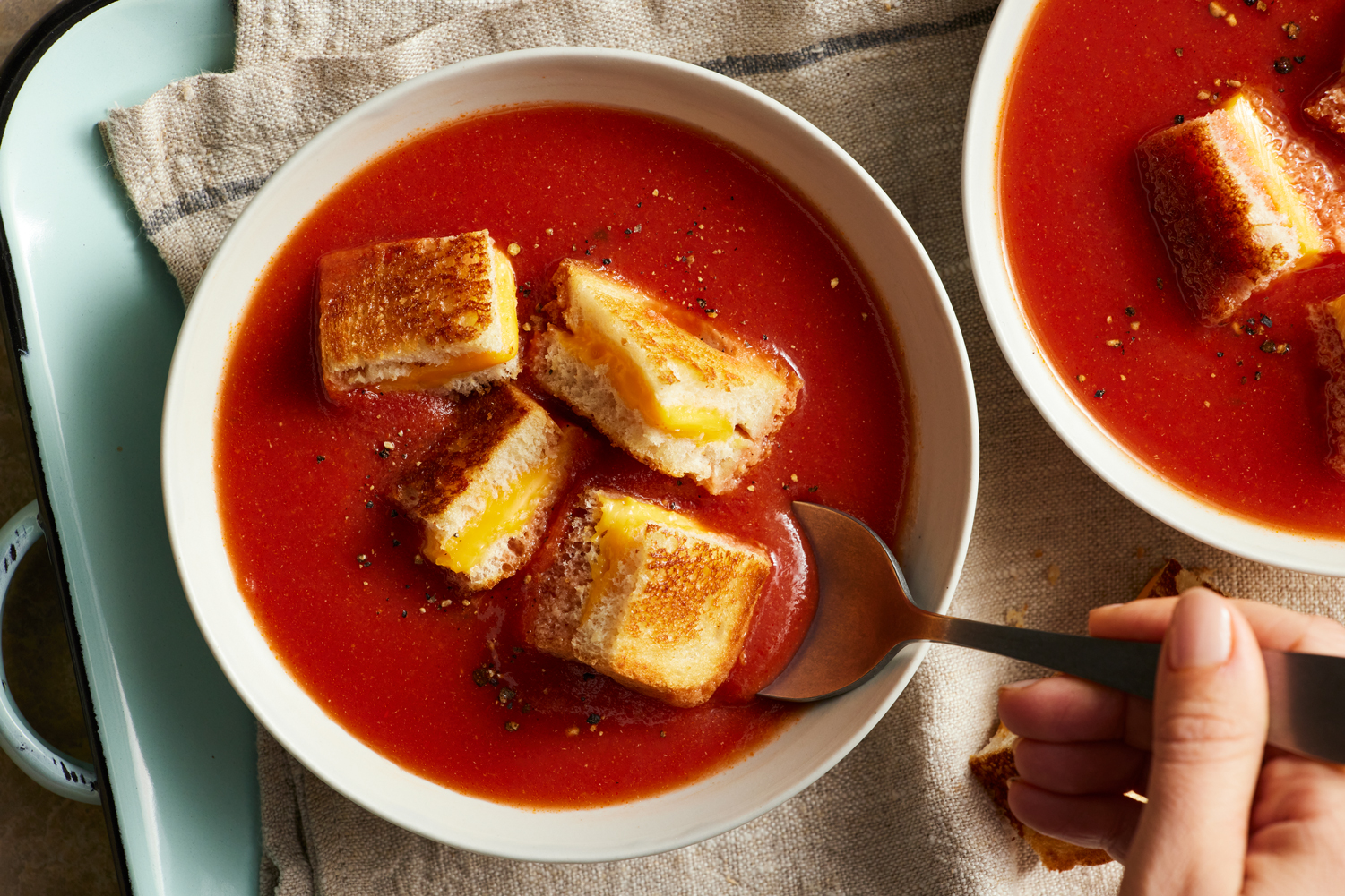 Simple Tomato Soup with Toasted Cheese Croutons