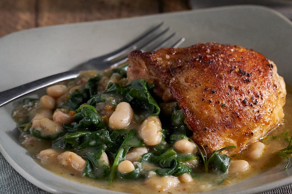 Braised Chicken with White Beans and Spinach