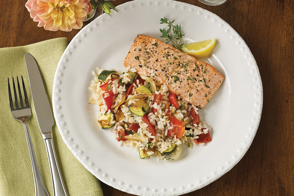 Roasted Ratatouille Rice and Salmon